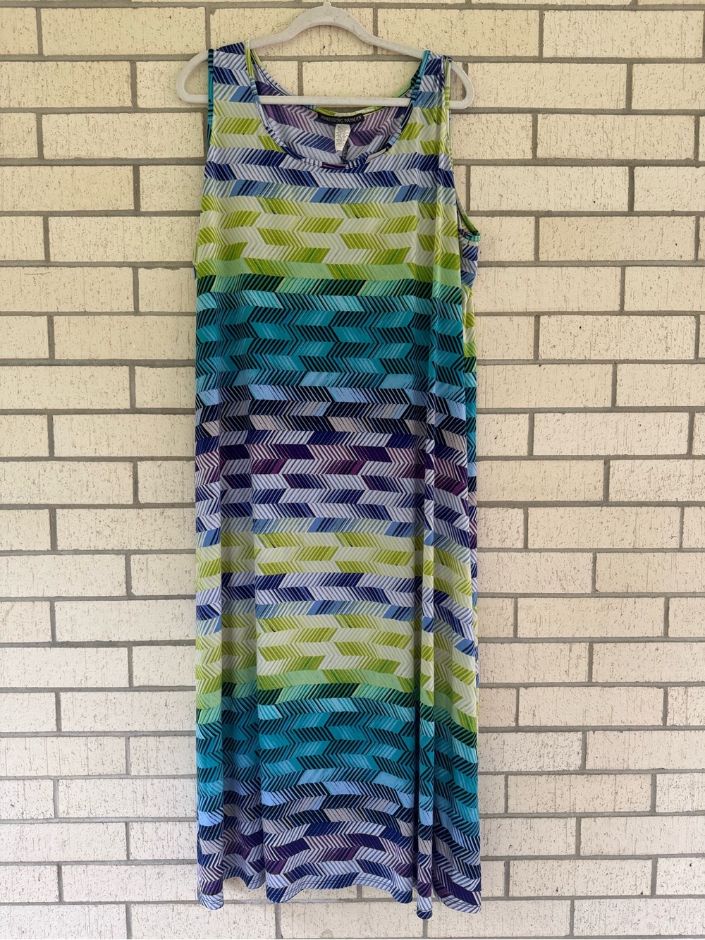 Sleeveless Striped Chevron Maxi Dress in Blue, Teal & Lime - Unbranded